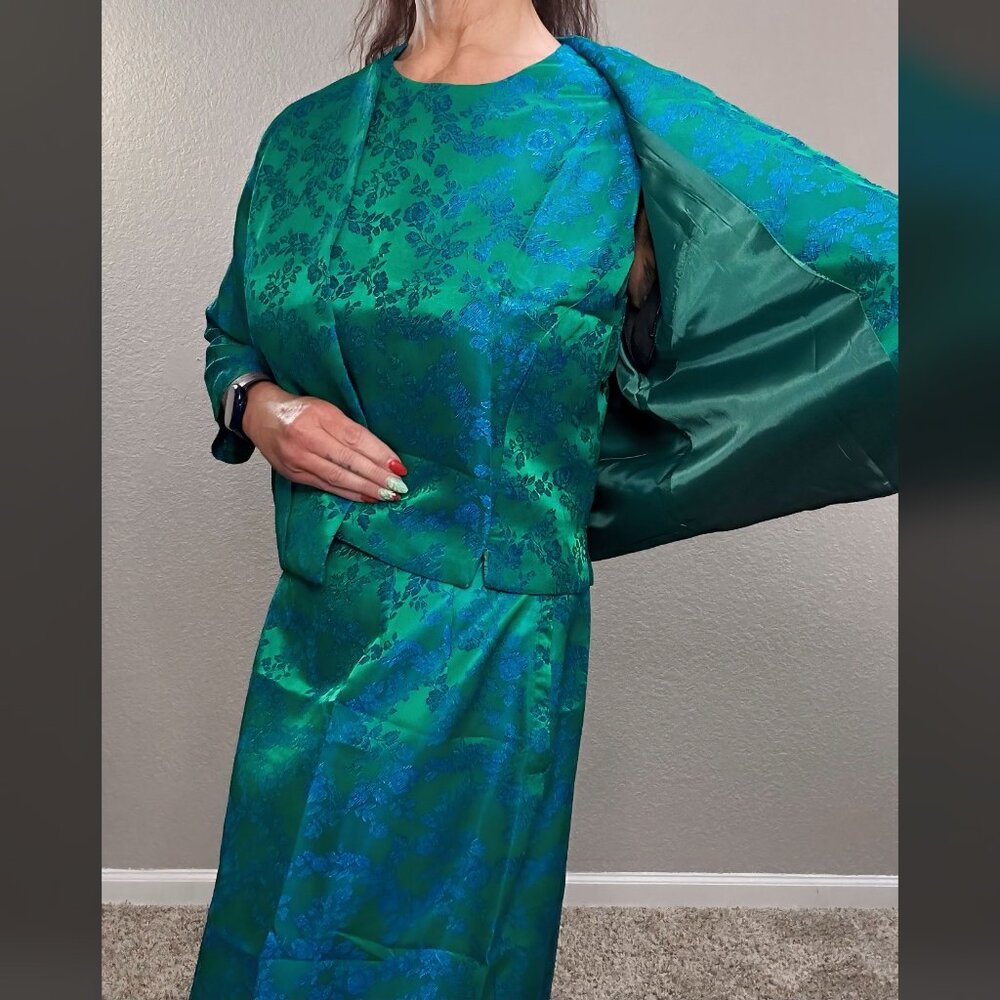 60s Satin Blue Green 3 pc Walking Suit Floral Mod MCM Top Jacket Pencil Skirt M - Picture 6 of 11